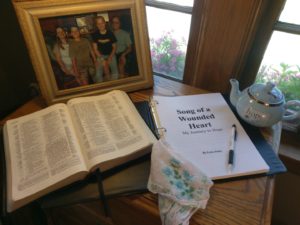 Tabletop with an open Bible and an open book.